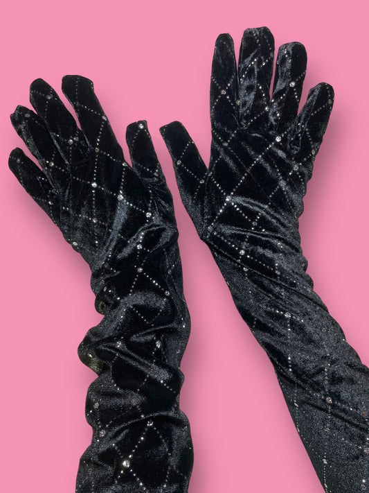 Black Velvet Diamond Pattern Gloves