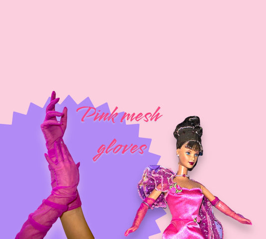 Hot pink mesh gloves, Pink sheer opera gloves, Above the elbow