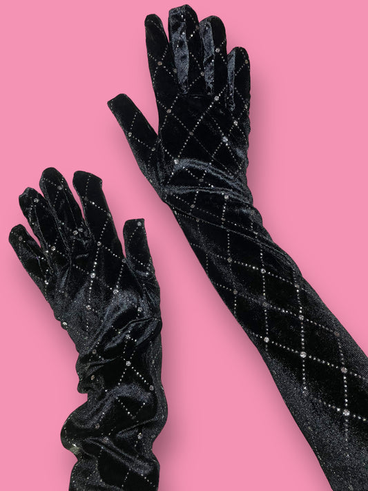 Black Velvet Diamond Pattern Gloves