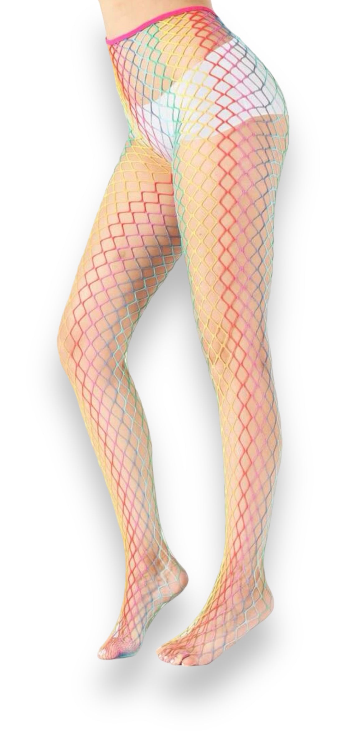 Waist high fishnet tights. Rainbow design