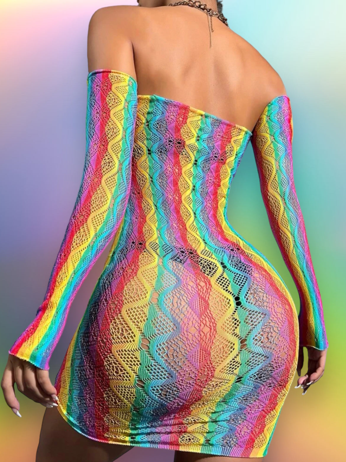Rainbow fishnet body con dress