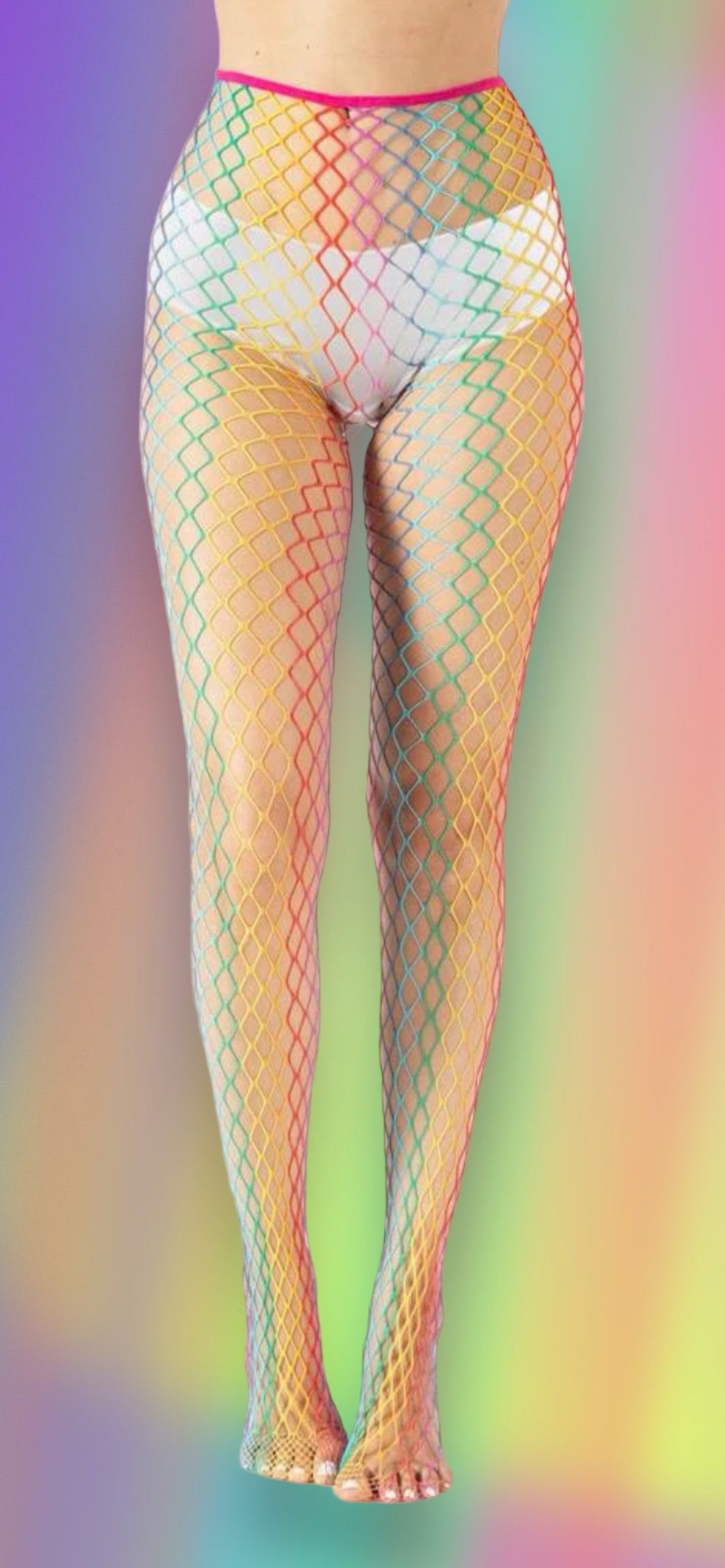 Rainbow pattern fishnet waist high tights