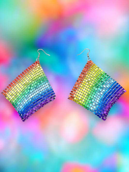 Rainbow pattern square tassel earrings