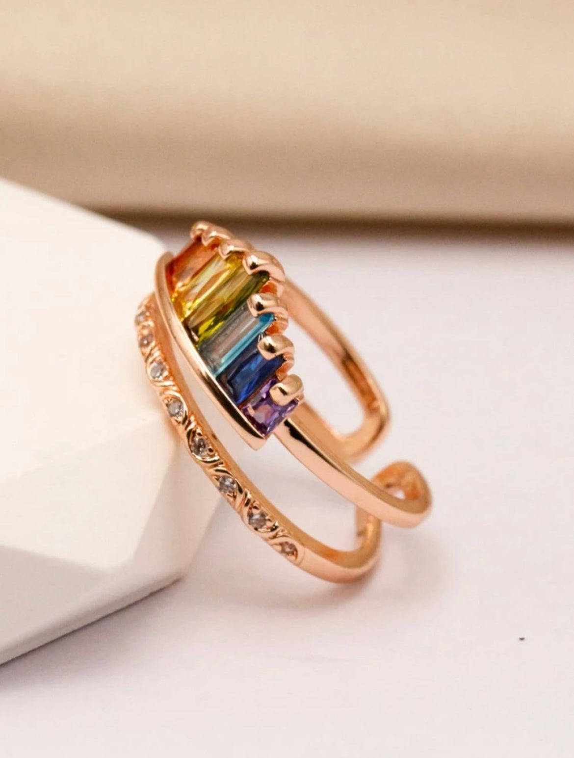 Rainbow zirconia design cuff ring