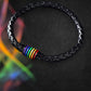 Black woven leather bracelet with striped rainbow design