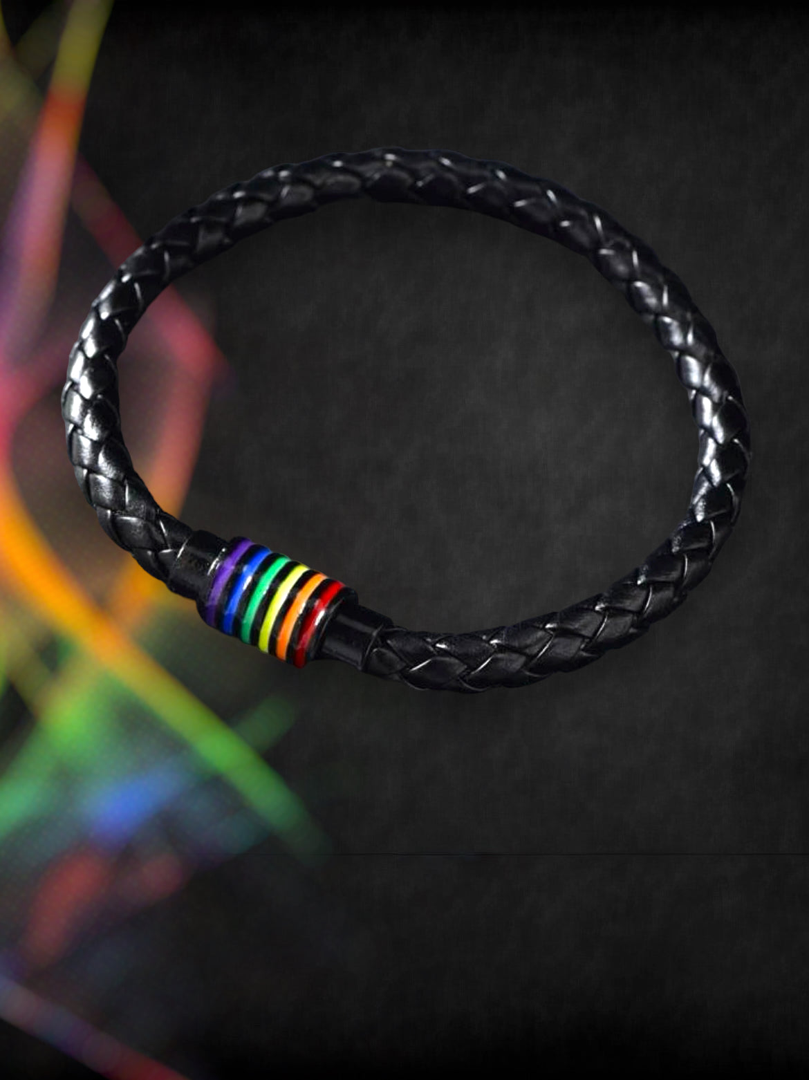 Black woven leather bracelet with striped rainbow design