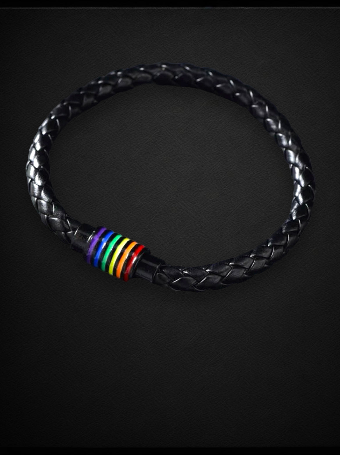 Black woven mens leather bracelet with rainbow design