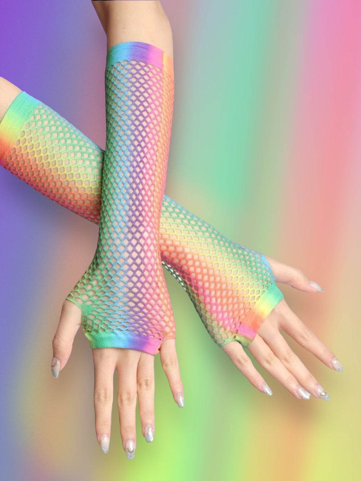 Rainbow fishnet fingerless gloves