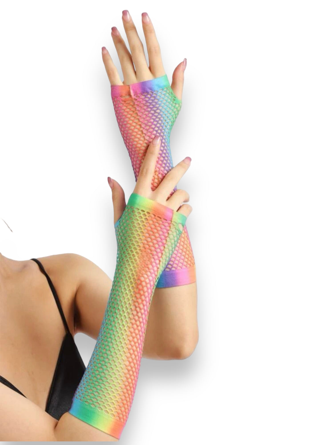 rainbow fishnet arm sleeves