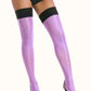 Shiny purple sheer stockings. Above the knee pinup stockings.