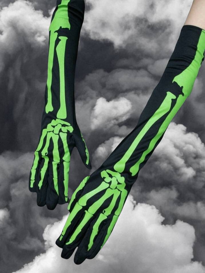 Green and black skeleton halloween fashion gloves