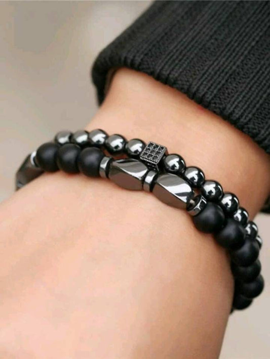 Black and gunmetal beaded mens bracelet