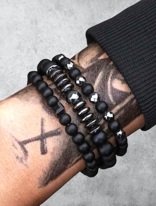 Mens fashion jewelry. Black matte beaded bracelet with gunmetal.