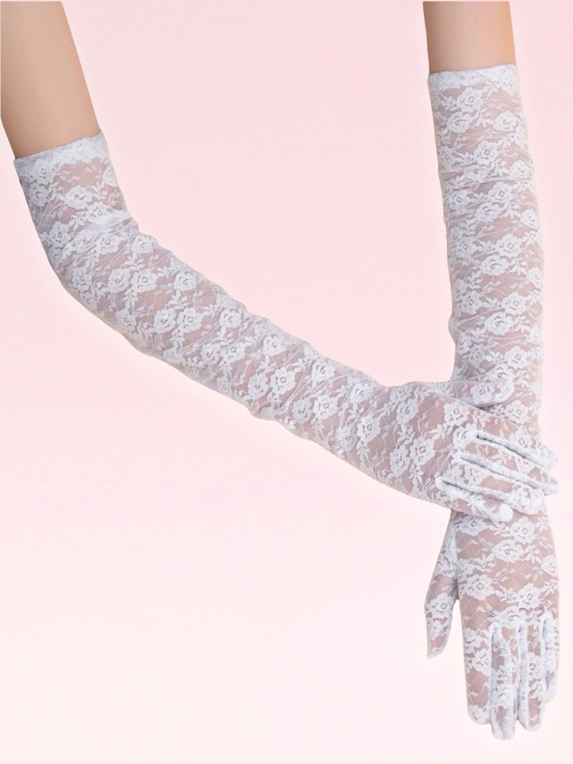 Above the elbow white floral lace gloves