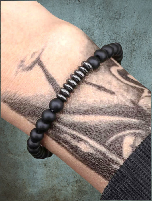 Black and gun metal beaded bracelet for men