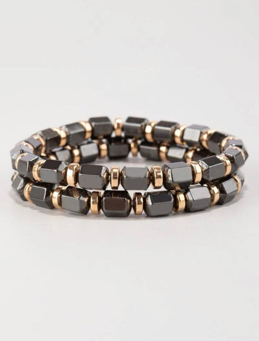 Gold and gunmetal mens beaded bracelet set. 