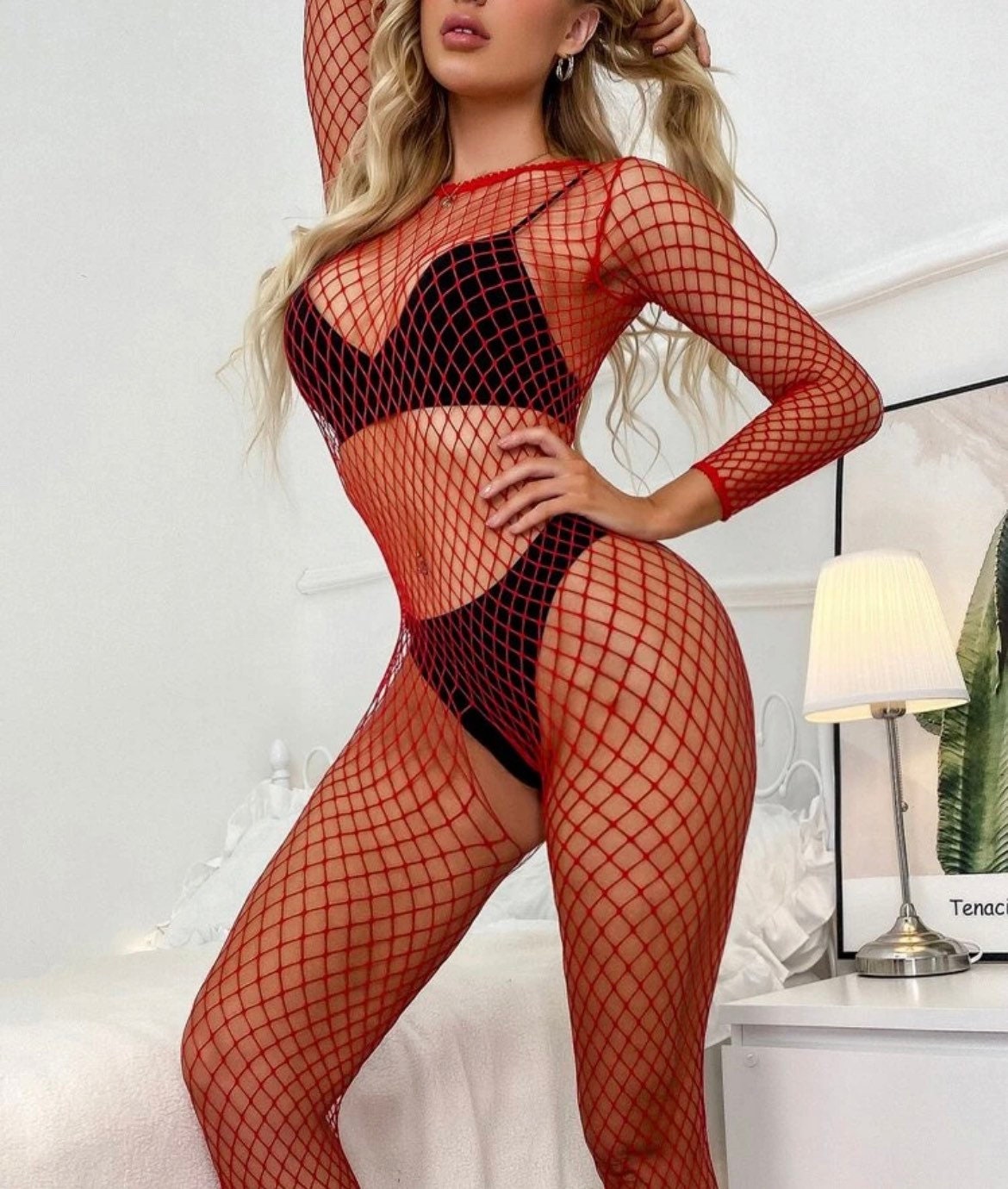 Red fishnet bodysuit