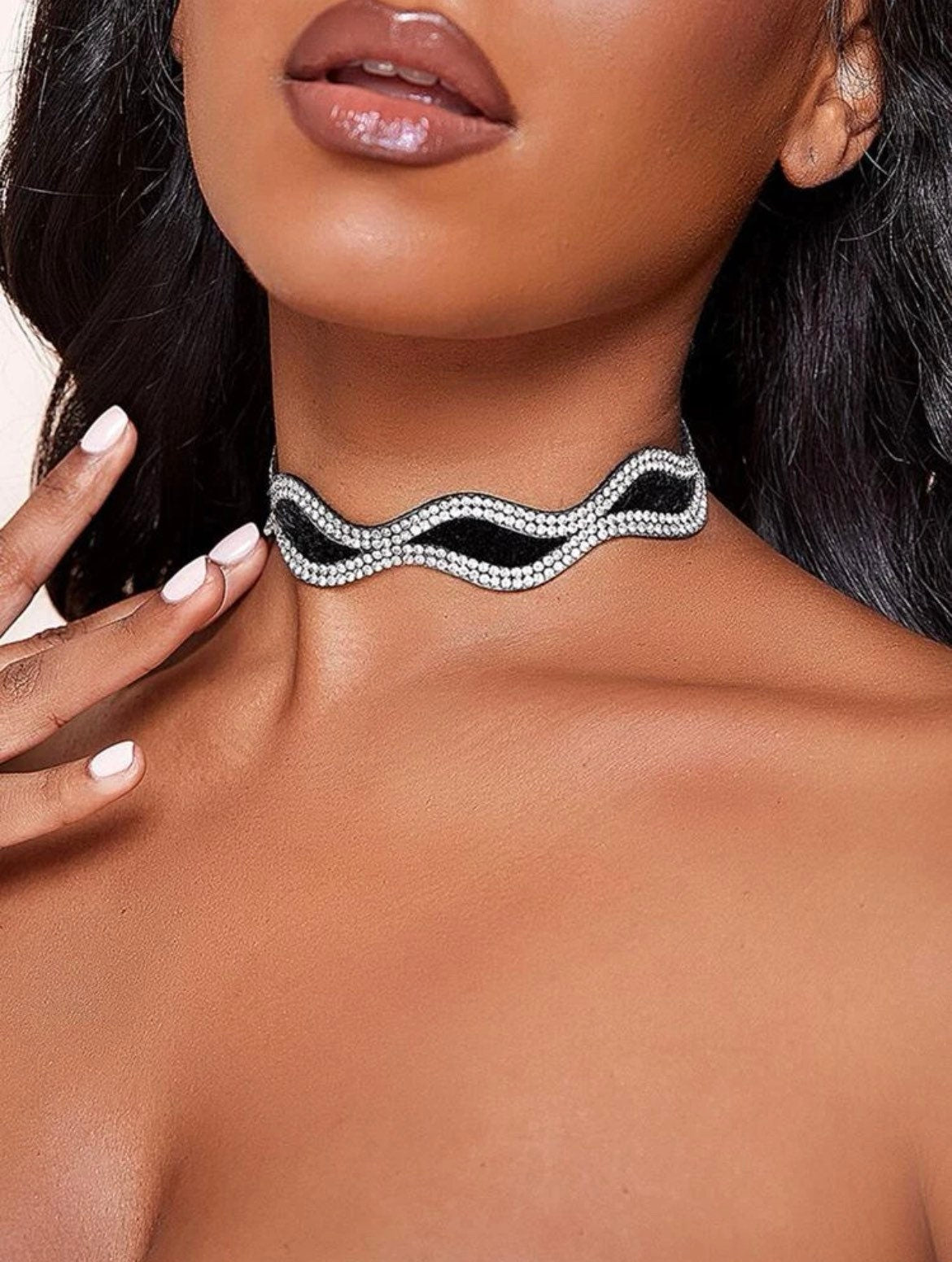 Black fuzzy leather rhinestone choker