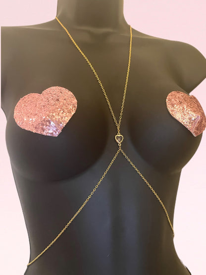 Gold body chain with glass heart pendant