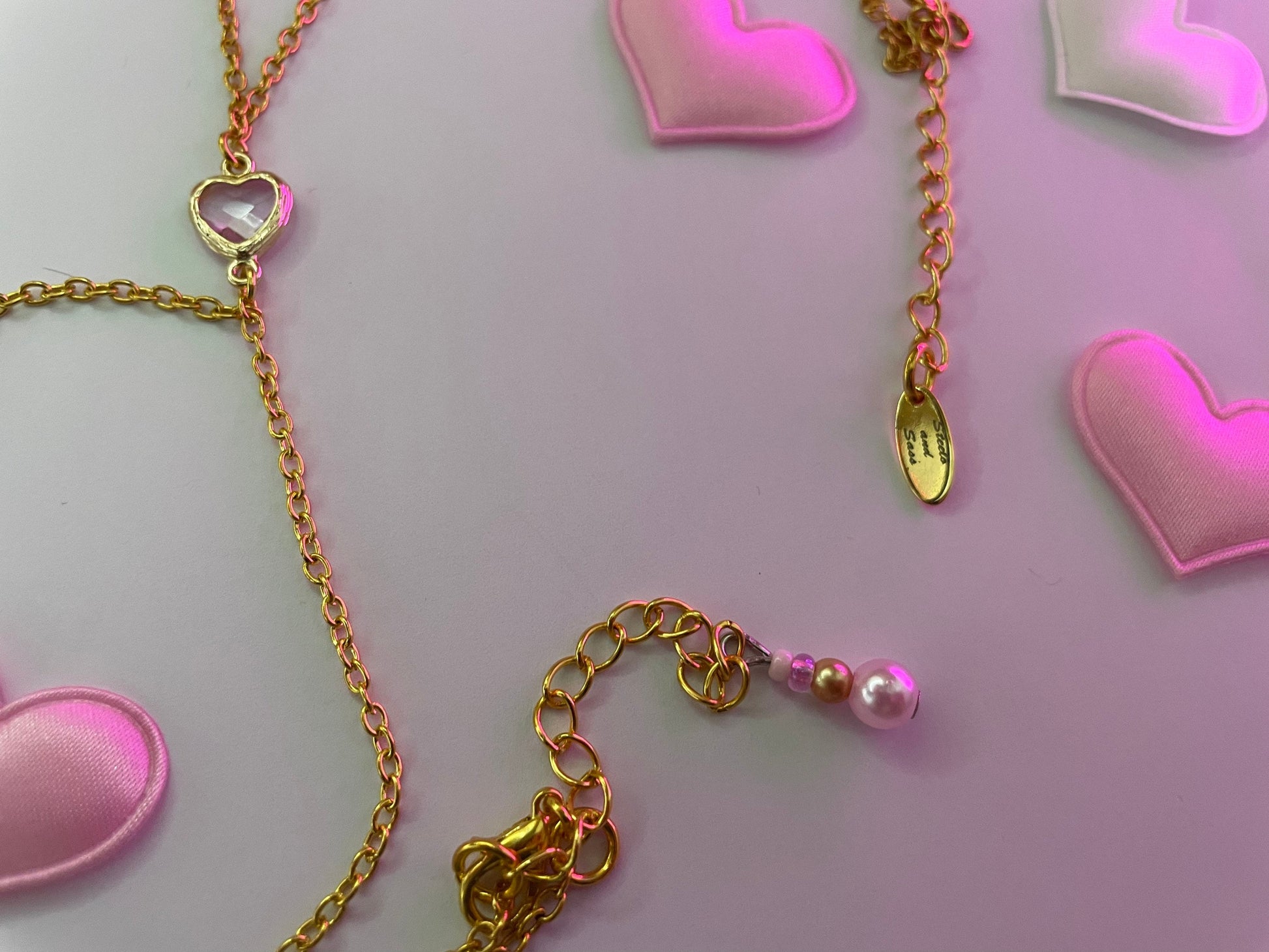 Pink glass heart gold body chain