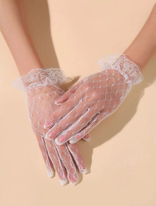 White lace ruffle trim white mesh gloves