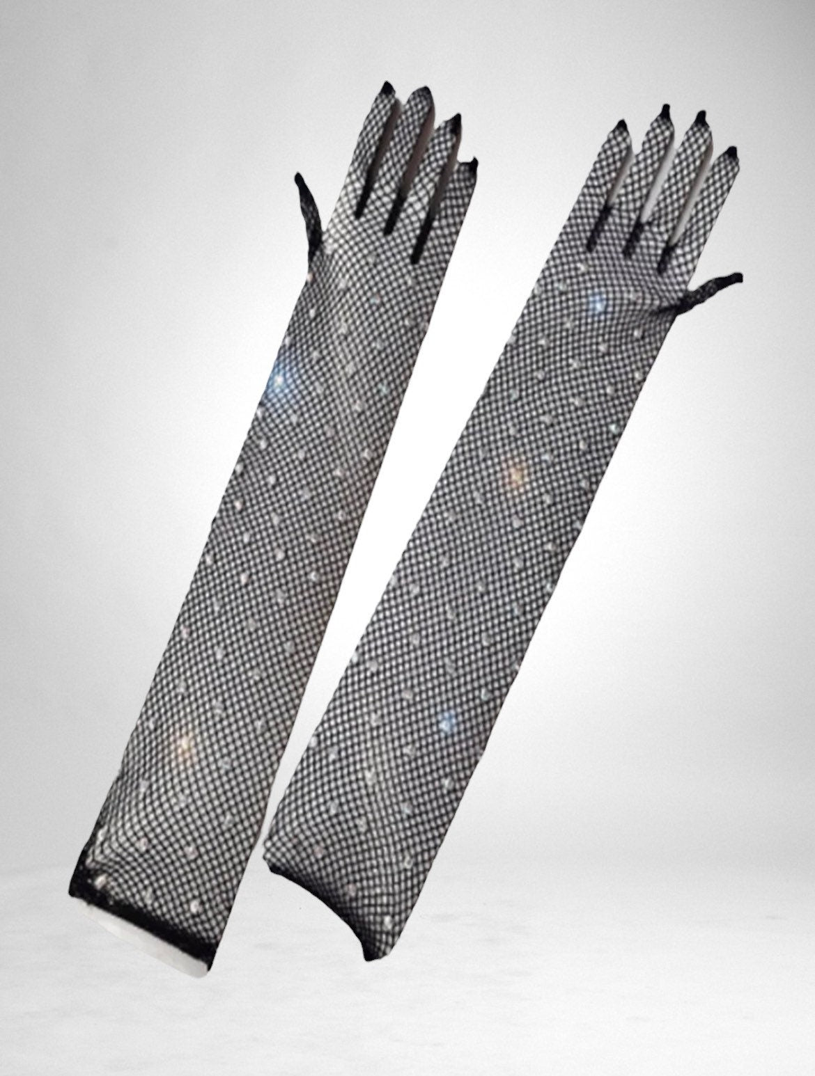 Black fishnet rhinestone gloves