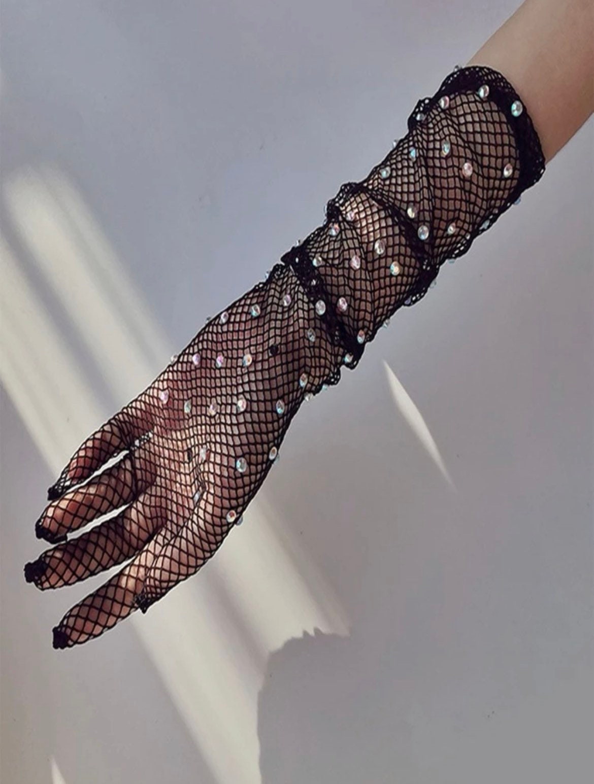 Fishnet rhinestone mesh gloves