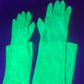 Glow in the dark long gloves. Above the elbow fashion gloves.