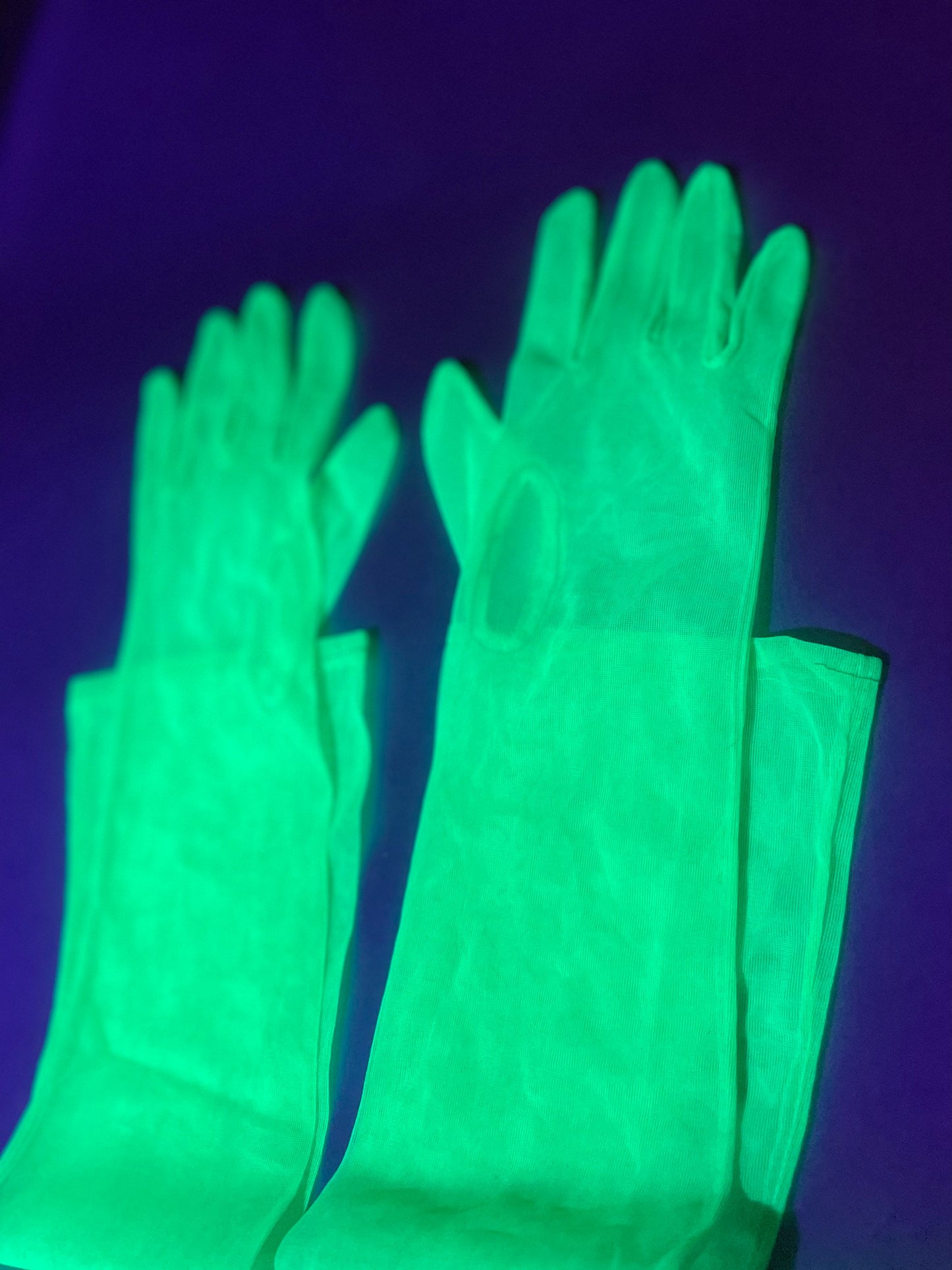 Glow in the dark long gloves. Above the elbow fashion gloves.