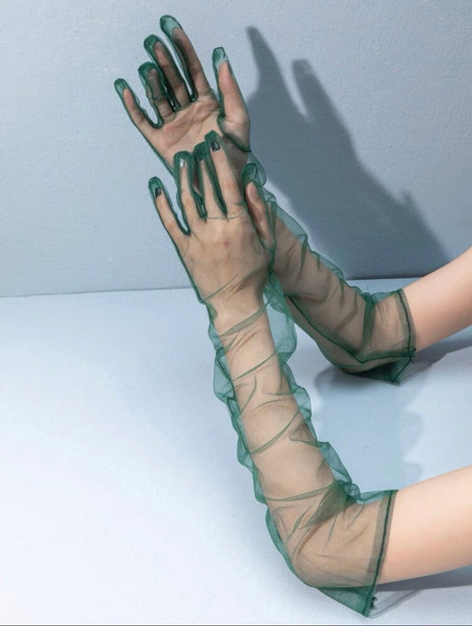 Dark green sheer gloves, Long plain green tulle gloves, Above the elbow gloves, Dark green opera gloves