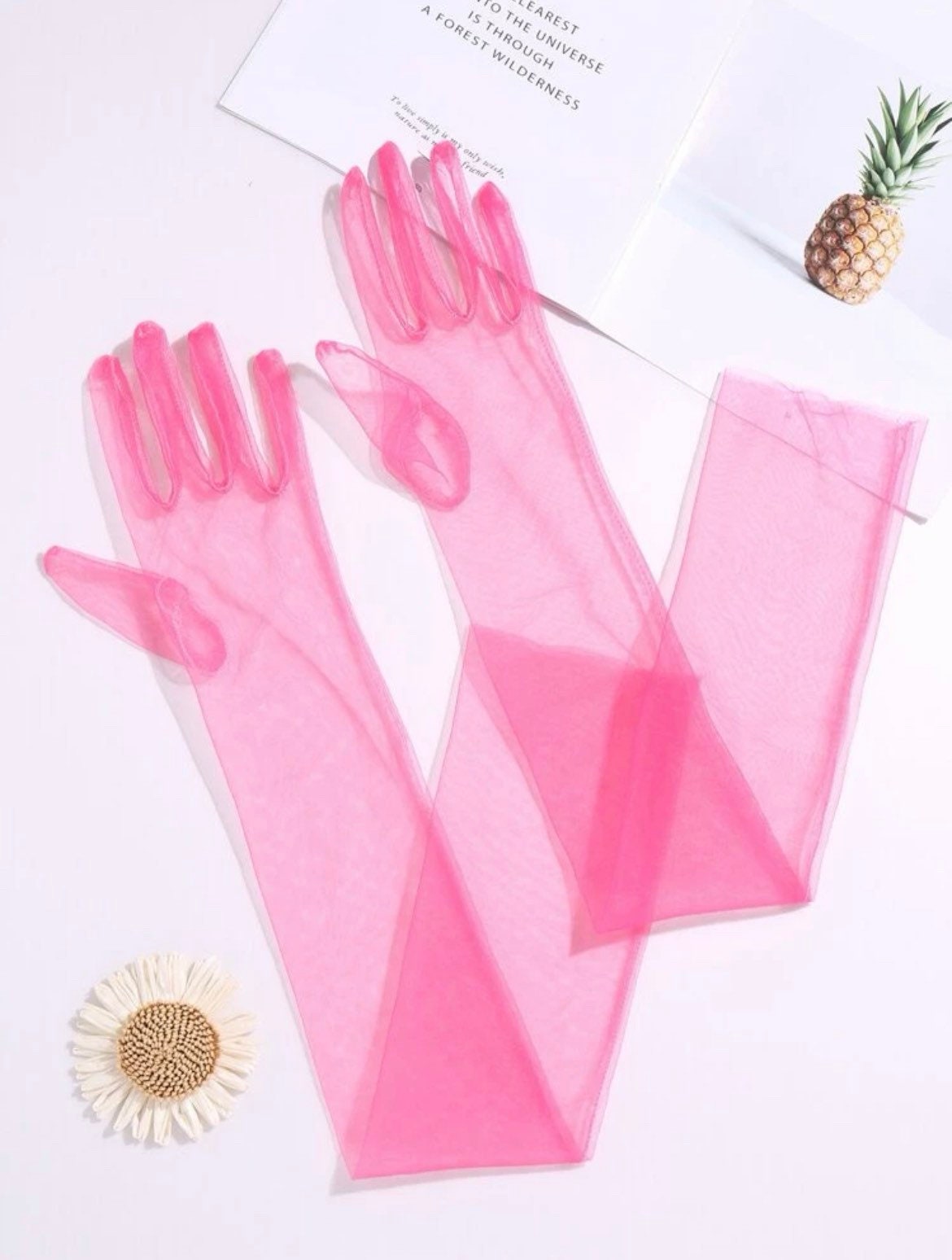 Above the elbow pink tulle gloves