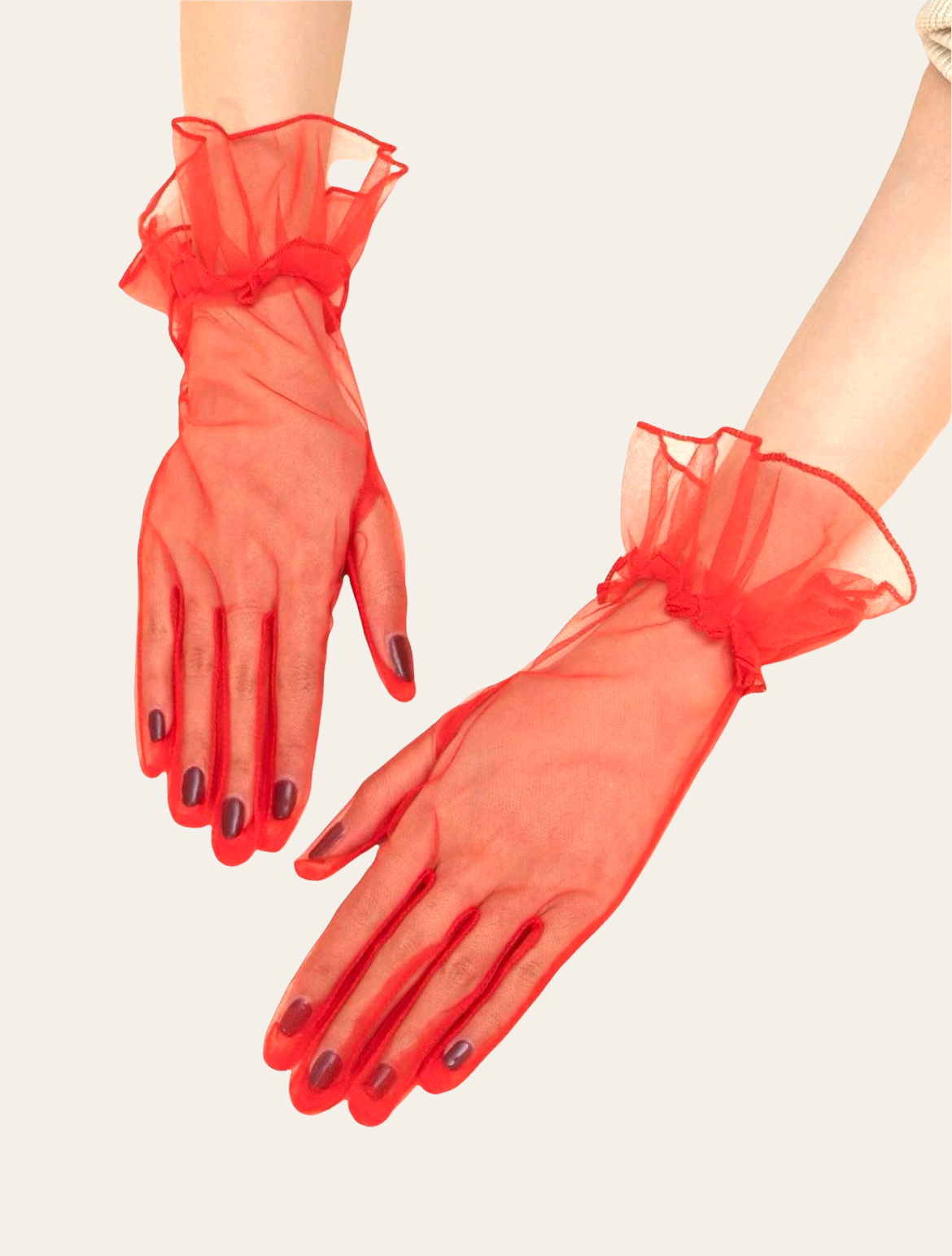 Red lolita style gloves with ruffle trim