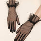 Black mesh lolita gloves, Sheer black mittens with ruffle trim