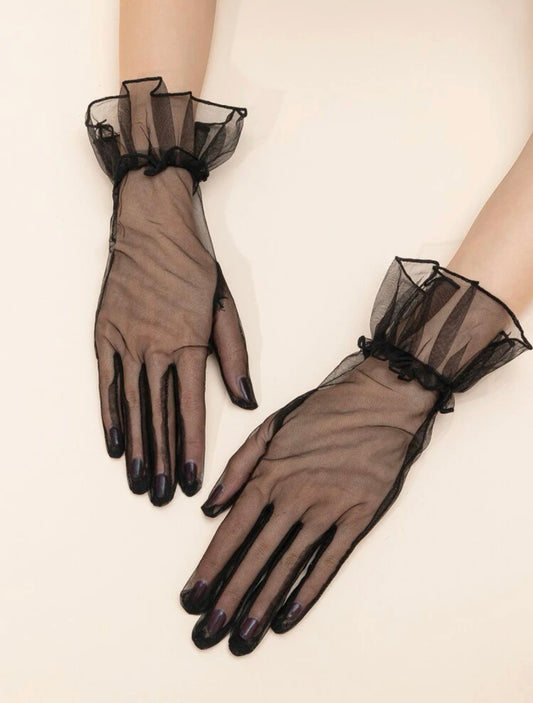 Black mesh lolita gloves, Sheer black mittens with ruffle trim