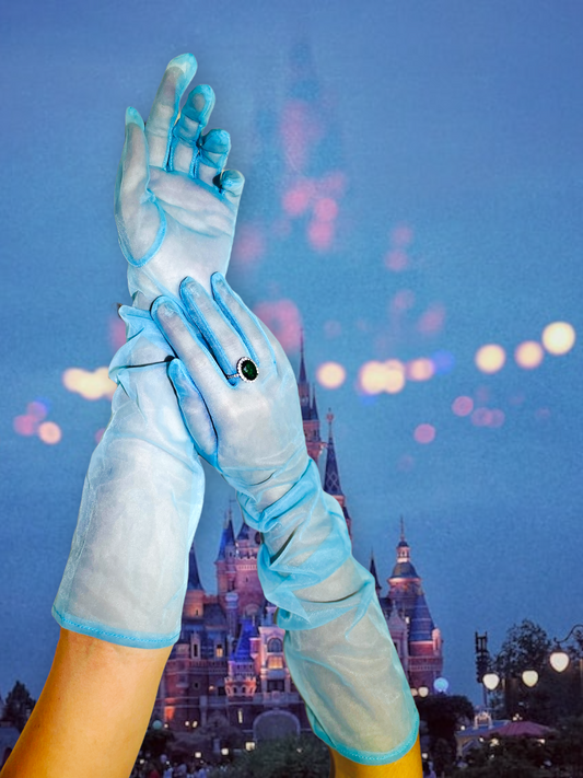 Blue fashion gloves, Light blue opera gloves, Sheer blue gloves, Above the elbow