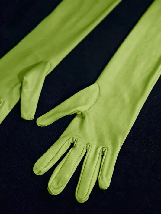 Long green fashion gloves, Solid green opera gloves