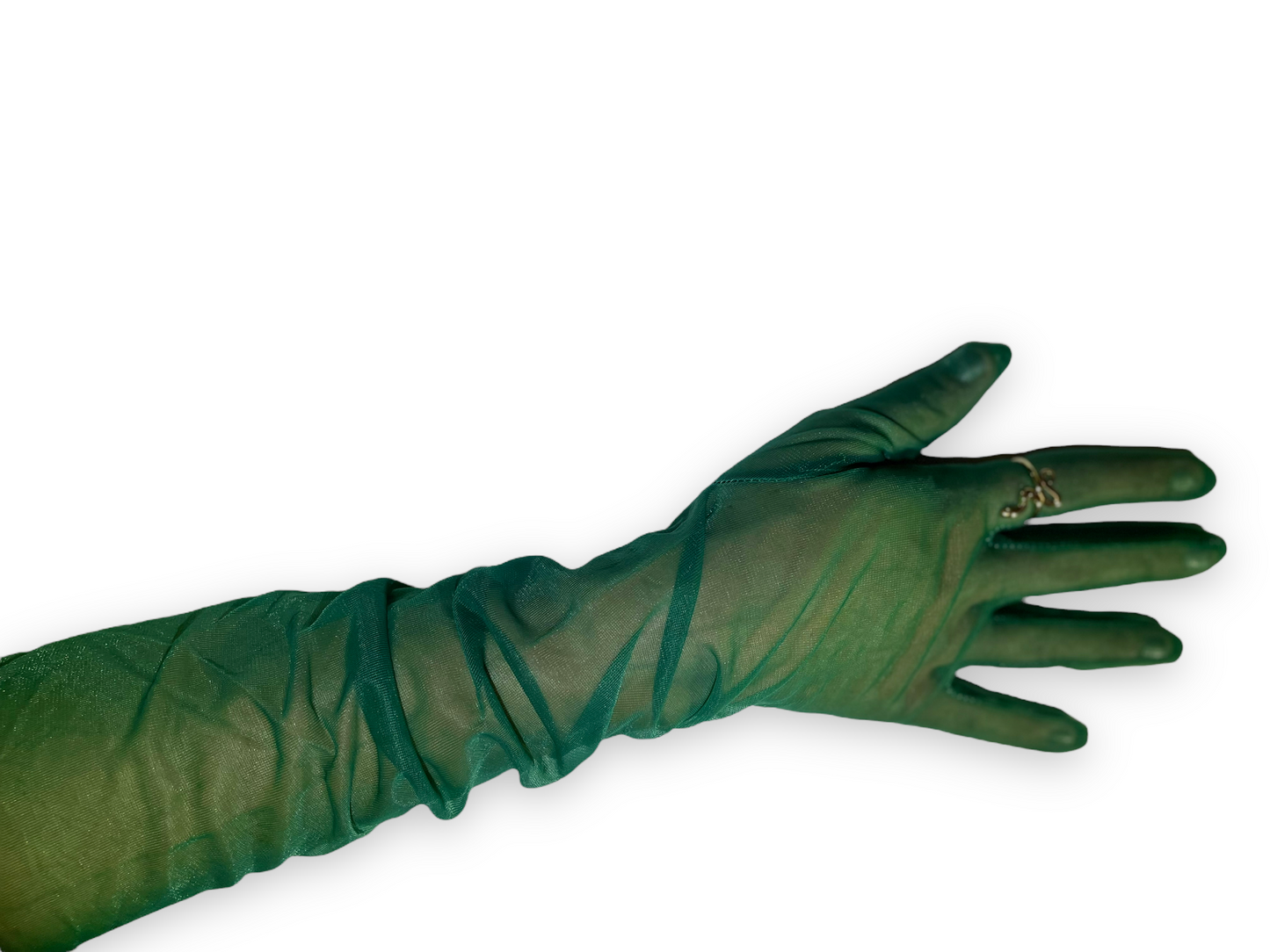 Dark green fashion gloves, Dark green opera gloves, Sheer green gloves, Above the elbow