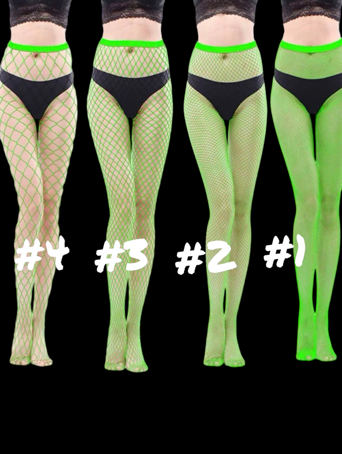 Green fishnet tight options. Glows in the dark