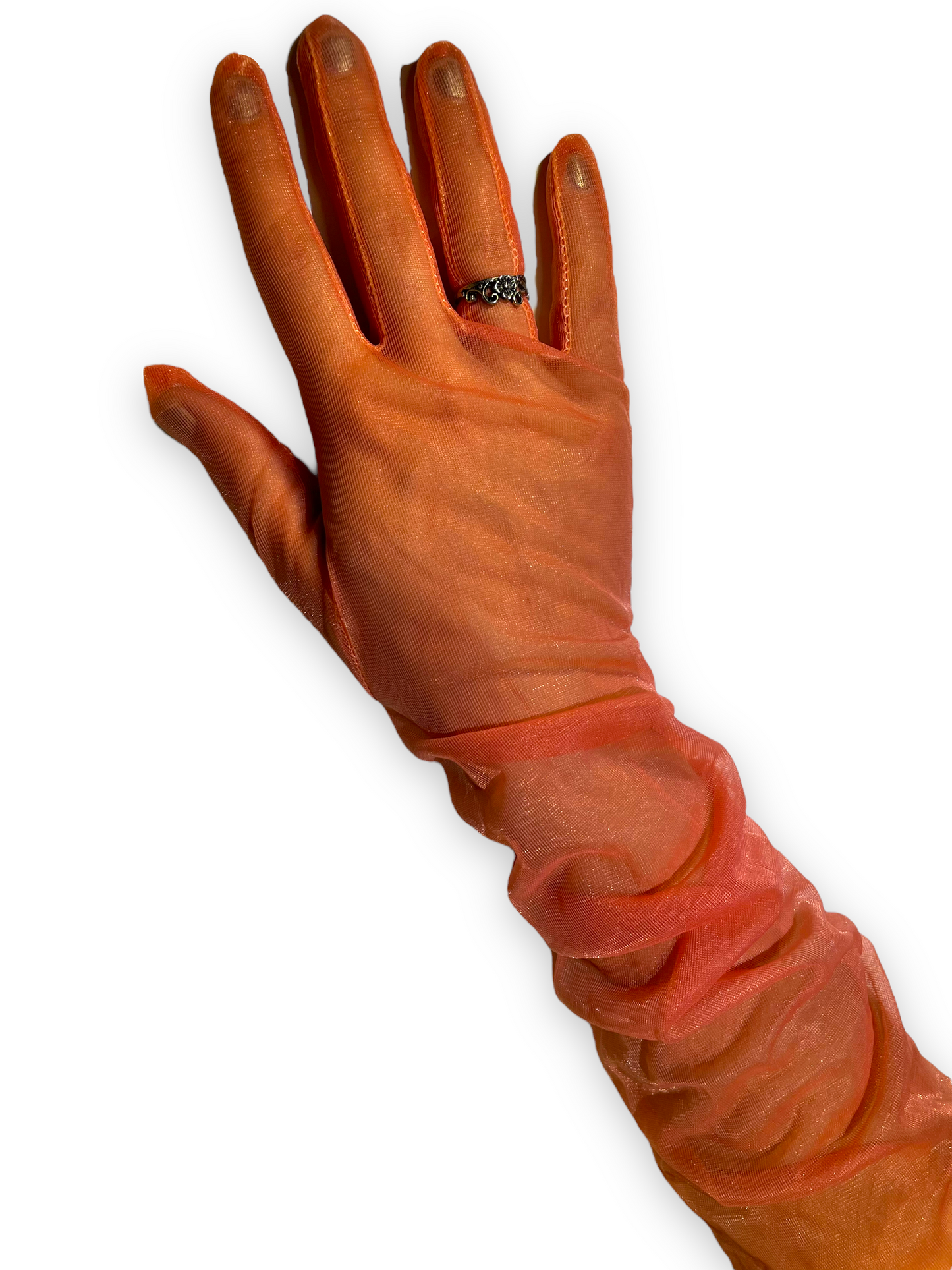 Orange opera gloves, Long mesh opera gloves, Above the elbow