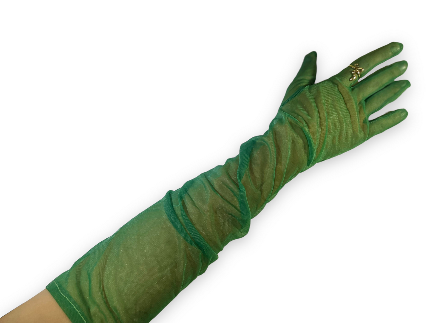 Dark green fashion gloves, Dark green opera gloves, Sheer green gloves, Above the elbow