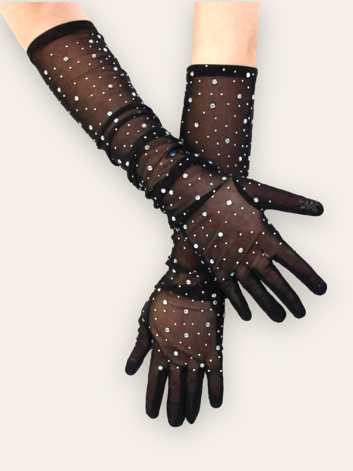 Sheer black gloves with rhinestones
