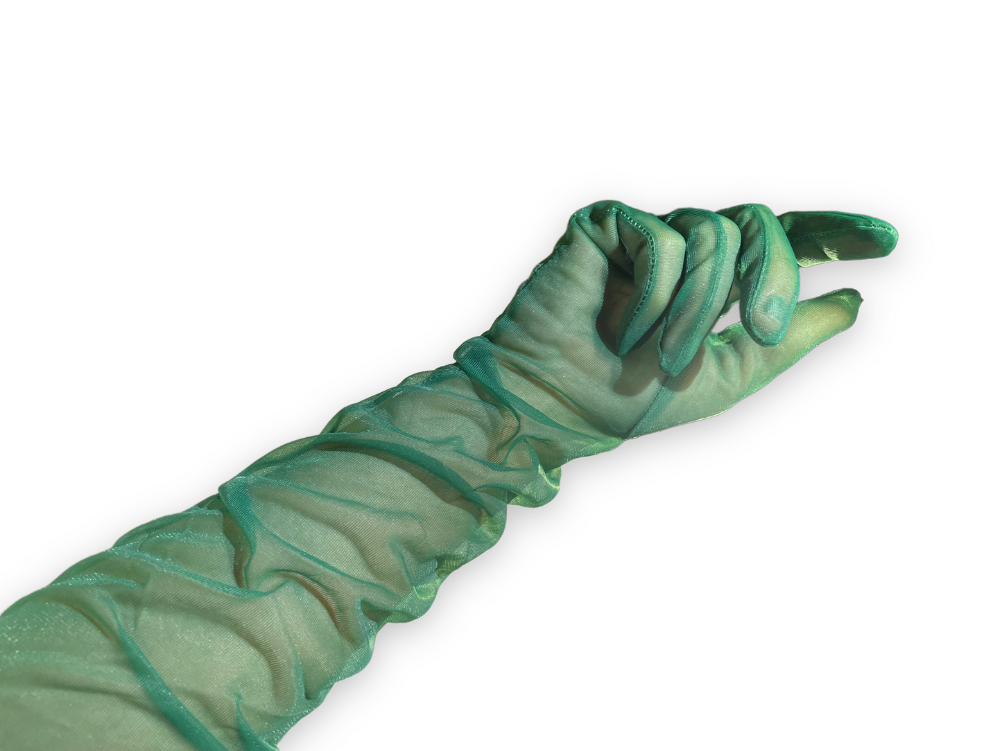 Dark green fashion gloves, Dark green opera gloves, Sheer green gloves, Above the elbow