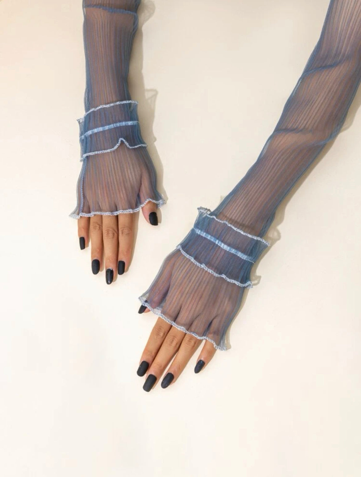 Blue sheer ruched arm sleeves
