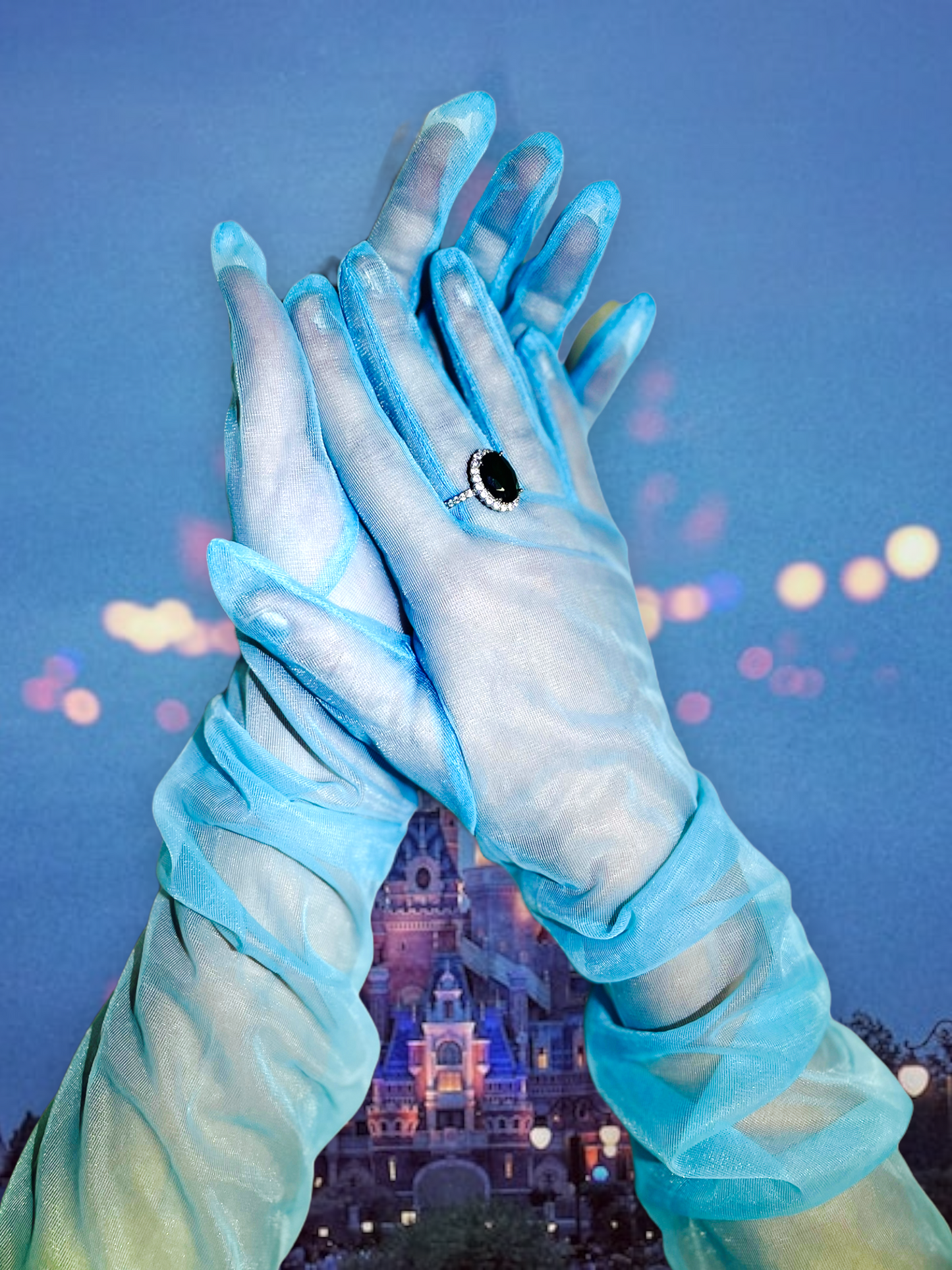 Blue fashion gloves, Light blue opera gloves, Sheer blue gloves, Above the elbow