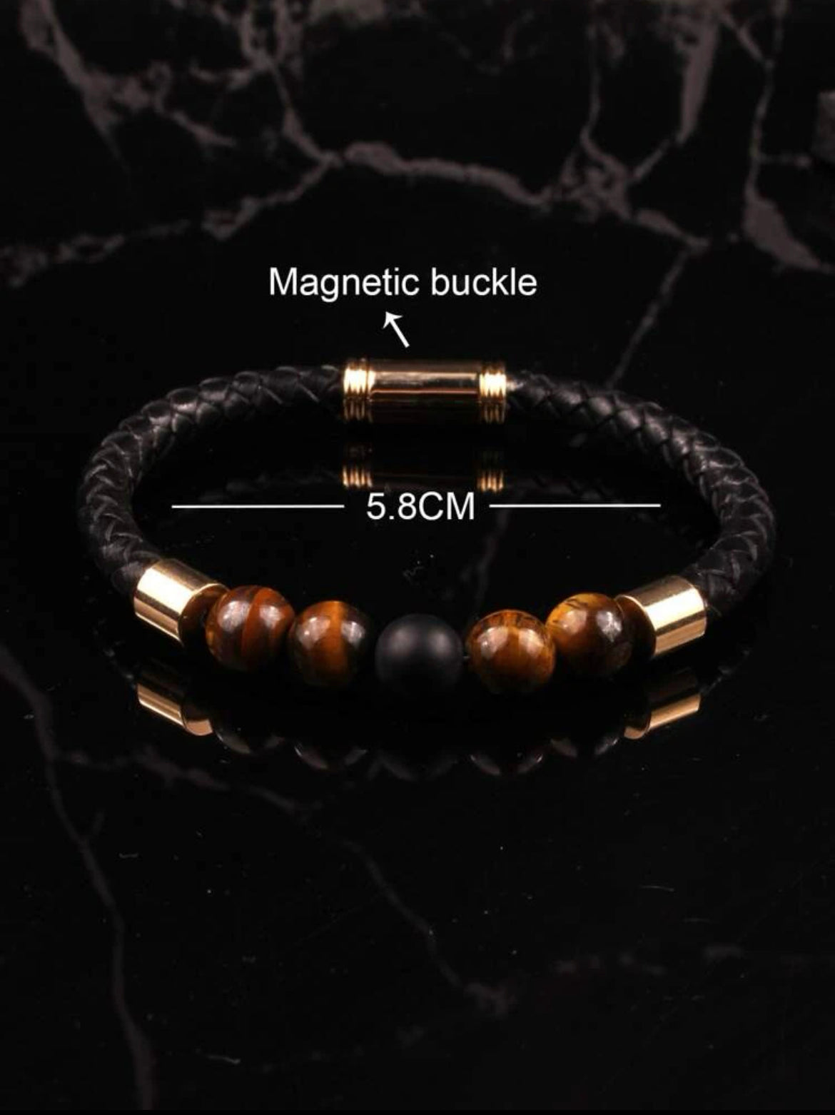 black woven leather bracelet for men with beaded detail