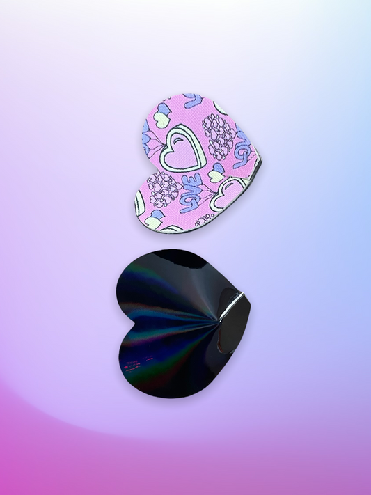 Black heart shaped nipple pasties, Black holographic heart pasties with printed design inside, Valentines day pasties