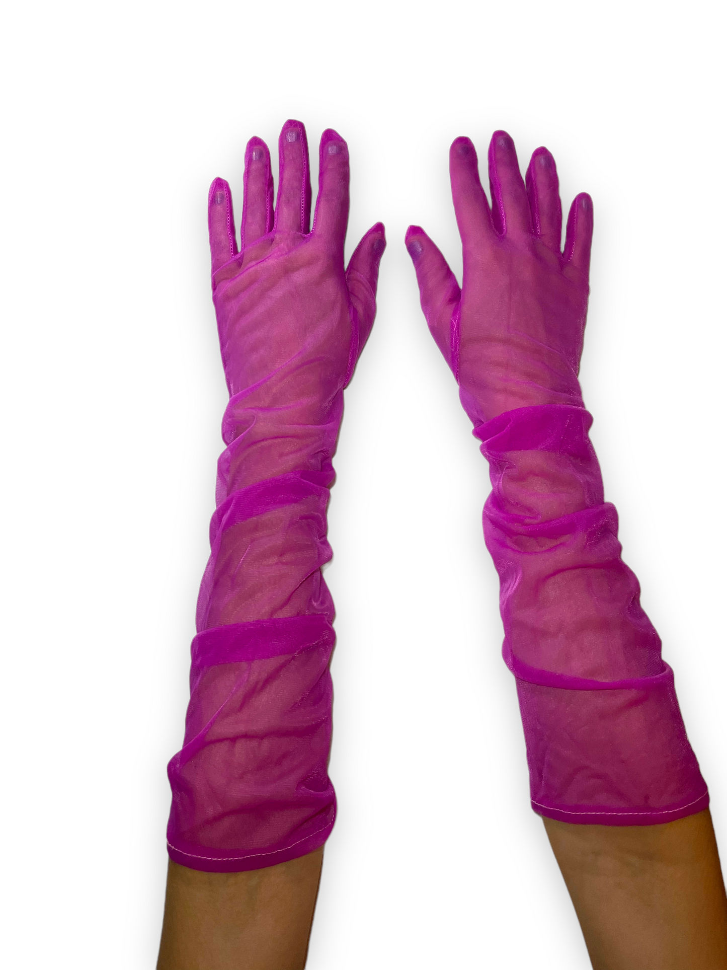 Hot pink mesh gloves, Pink sheer opera gloves, Above the elbow