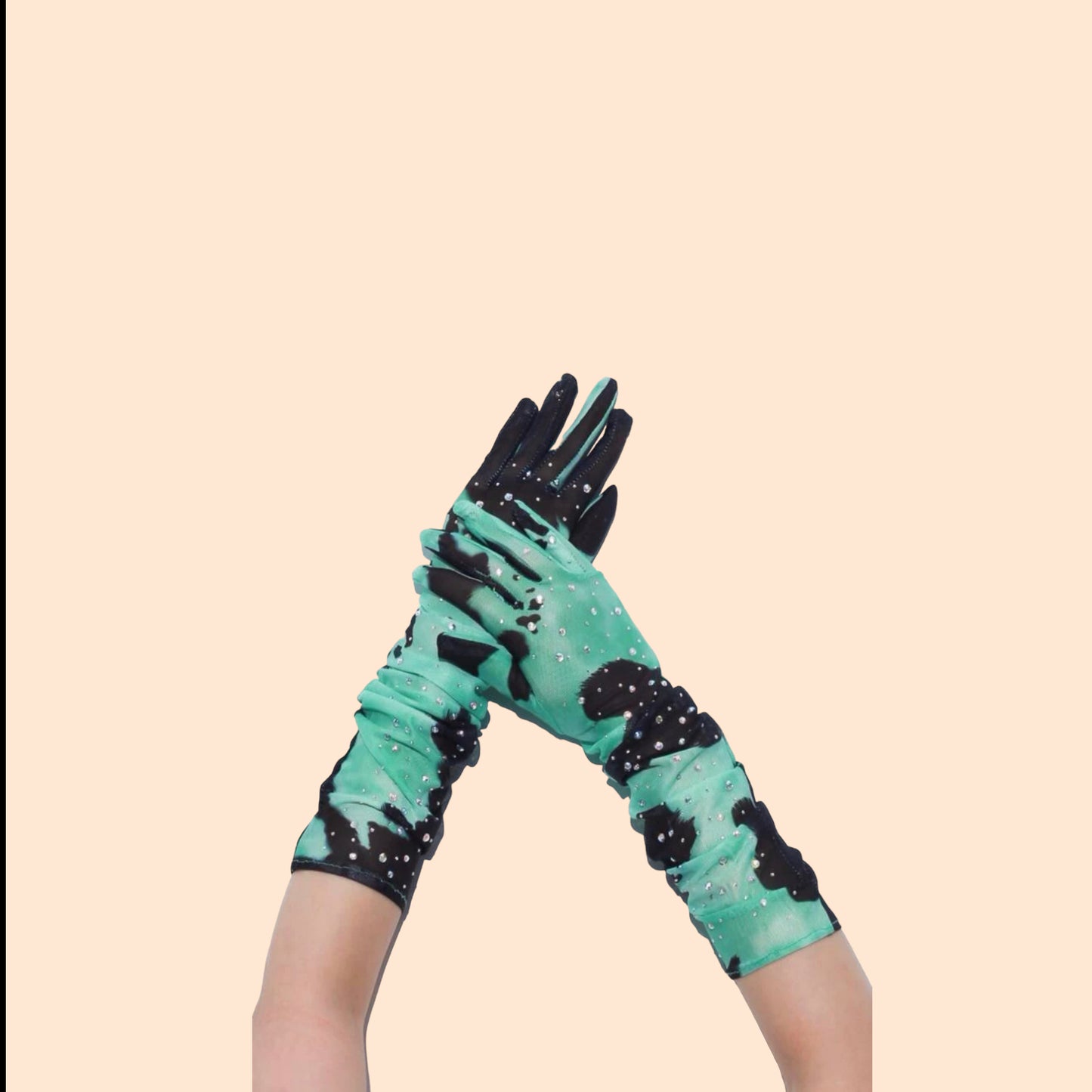 turquoise and black elbow length gloves with rhinestones