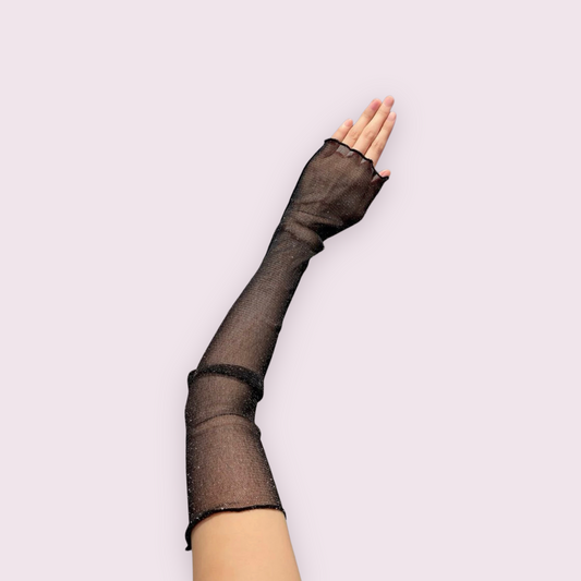 Black glitter mesh arm sleeves, Finger less mesh gloves in black