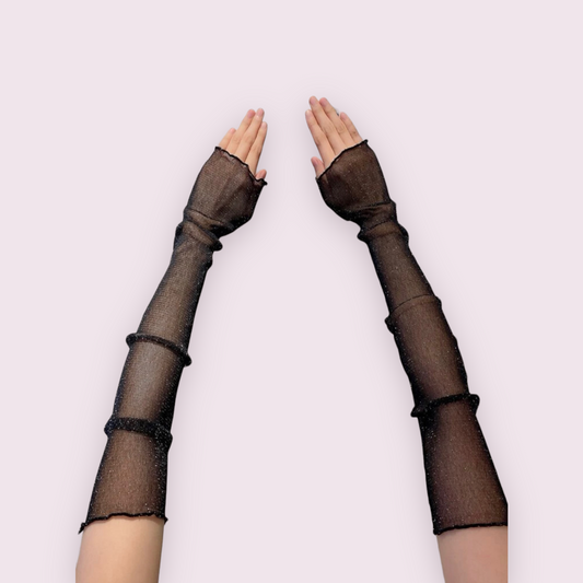 Black glitter mesh arm sleeves, Finger less mesh gloves in black